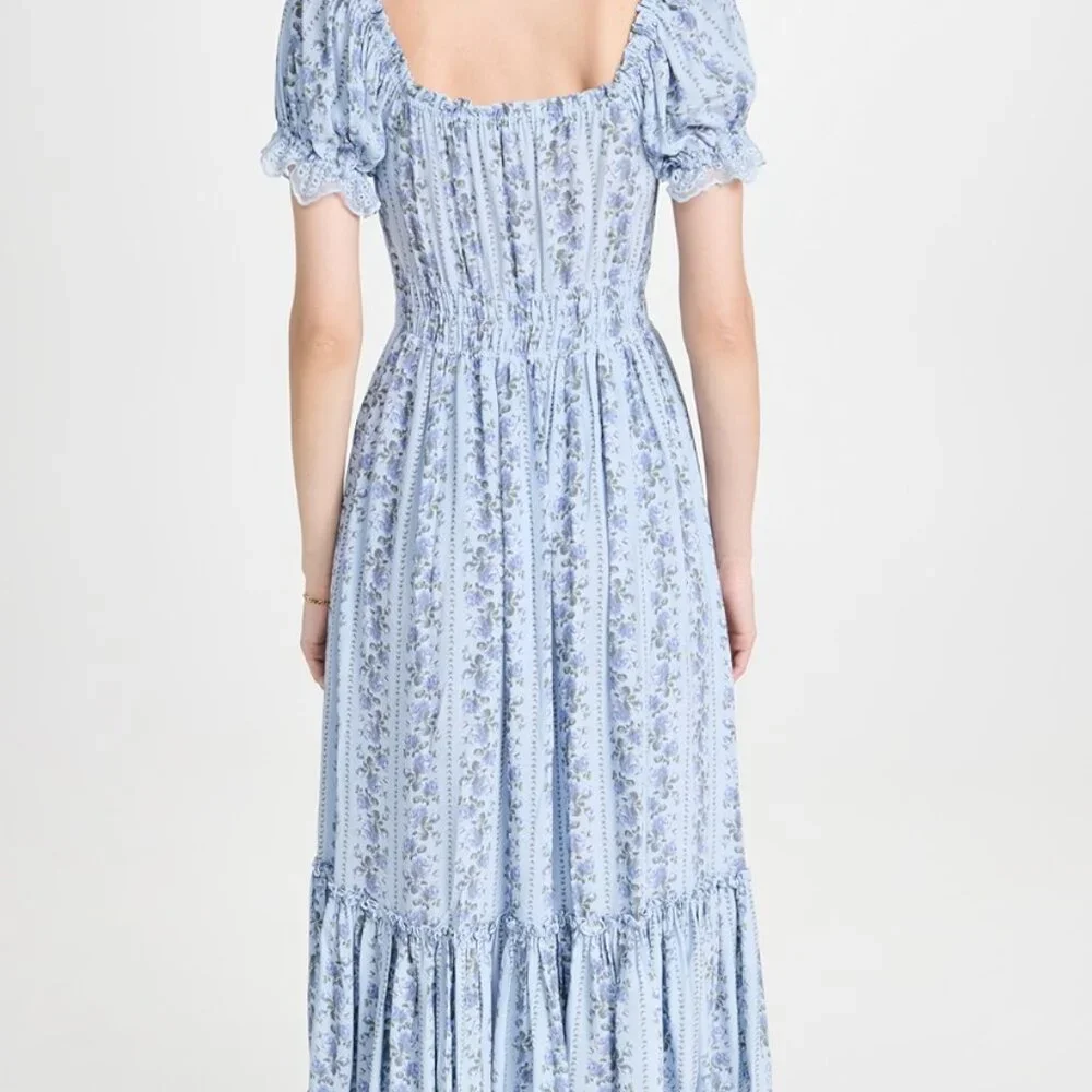Smocked Square Neck Puff Sleeve Maxi Dress - Light Blue - Picture 2 of 5
